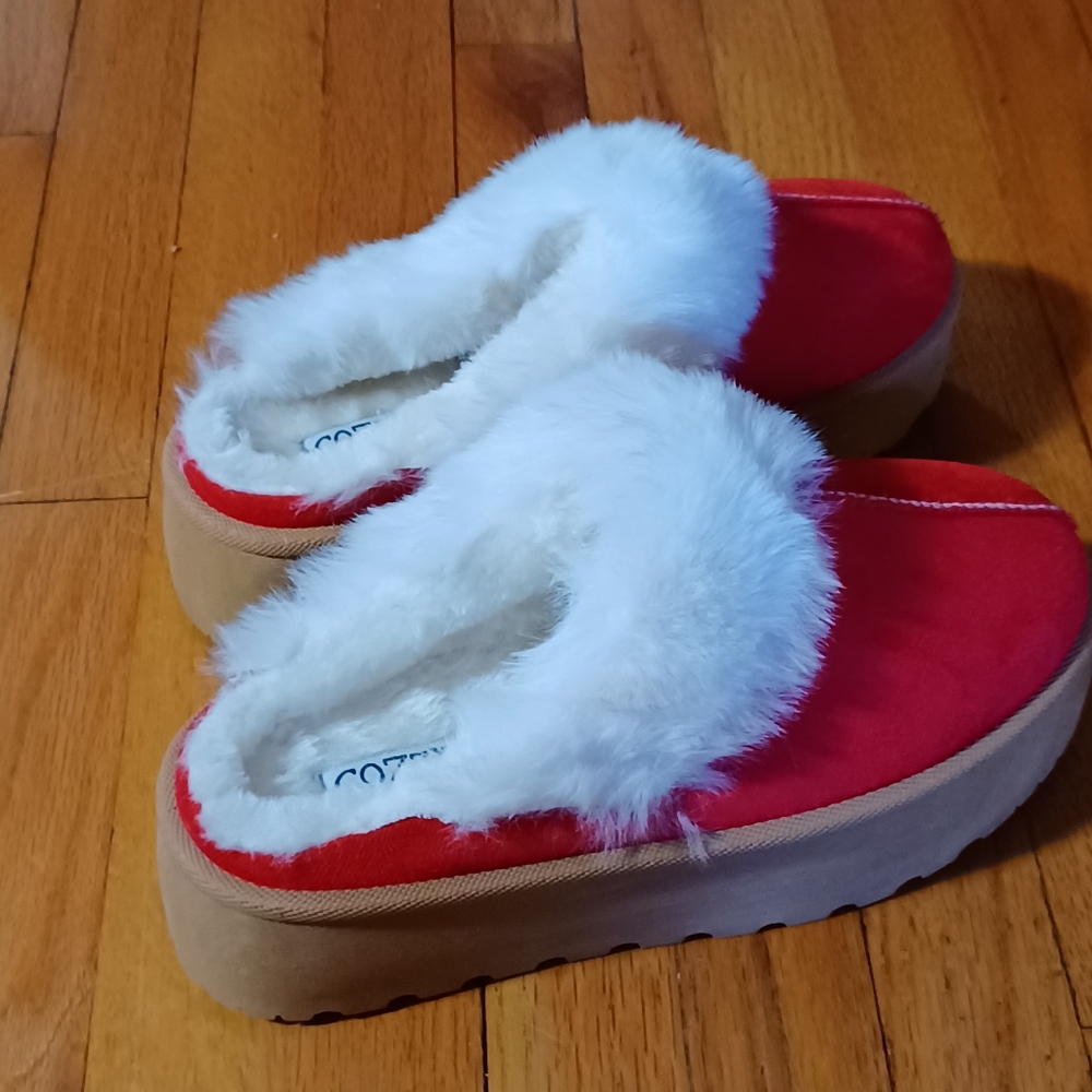 Red Mules W/ Super Soft White Faux Fur Lining, 2 in Platform Women's 7 - Picture 2 of 5